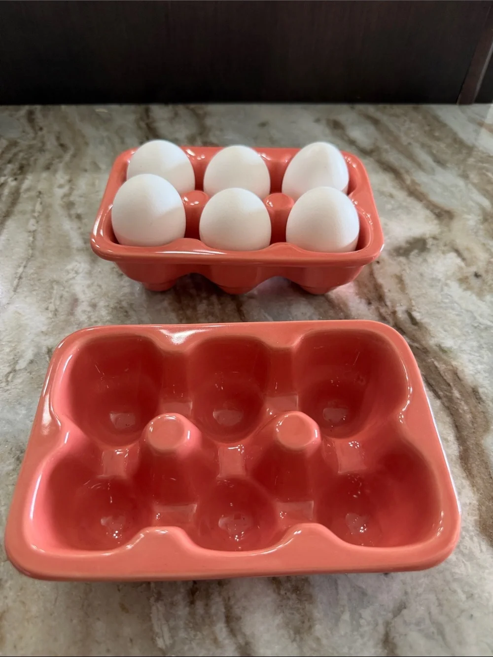 Set of 2 Ceramic Peach Color Egg Holder Tray - 6-Cup